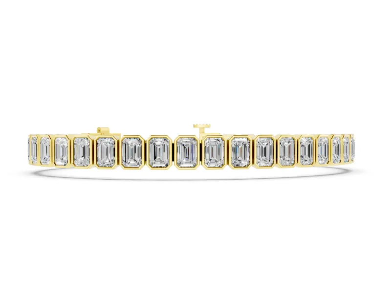 Emerald Cut Diamond Tennis Bracelet Set in Yellow gold with Bezel Setting
