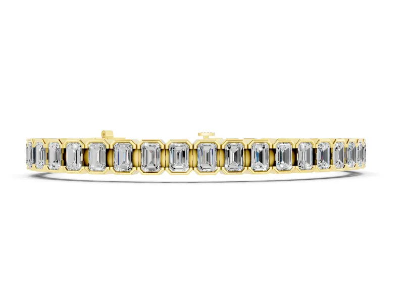 Emerald Cut Diamond Tennis Bracelet Set in Yellow gold with Half Bezel Setting