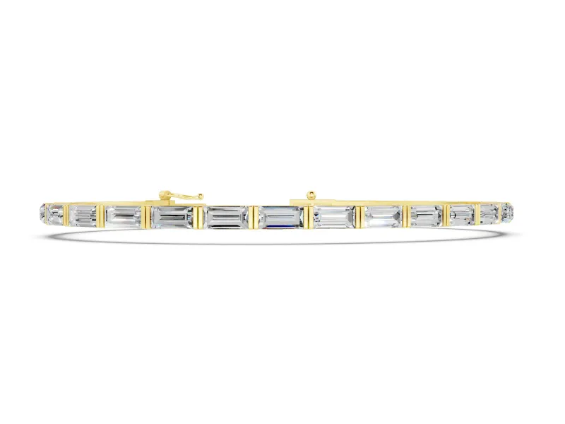 Baguette Cut Diamond Tennis Bracelet Set in Yellow gold with Bar Setting